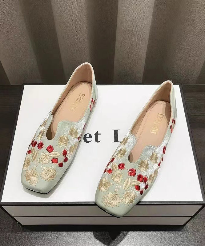 Chinese Style Light Green Embroidery Penny Loafers