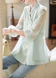 Chinese Style Light Green Stand Collar Embroidered Nail Bead Silk Shirt Fall