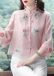 Chinese Style Light Green Stand Collar Embroidered Chiffon Shirts Bracelet Sleeve