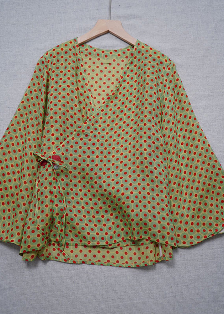 Chinese Style Light Green V Neck Print Tie Waist Top Long Sleeve