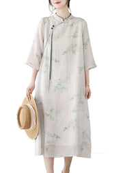 Chinese Style Light Pink Tasseled Print Patchwork Linen Dresses Summer