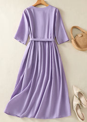 Chinese Style Light Purple Embroidered Tie Waist Cotton Dress Summer