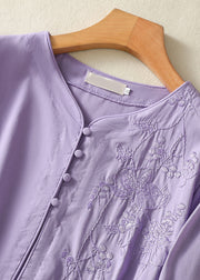Chinese Style Light Purple Embroidered Tie Waist Cotton Dress Summer