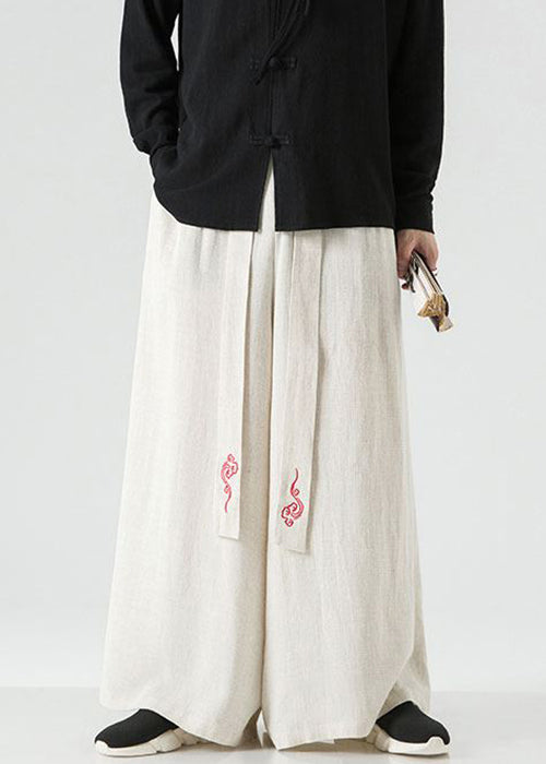 Chinese Style Linen Embroideried High Waist Cotton Men Wide Leg Pants Fall