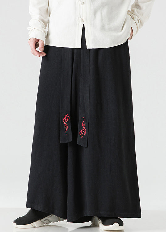 Chinese Style Linen Embroideried High Waist Cotton Men Wide Leg Pants Fall