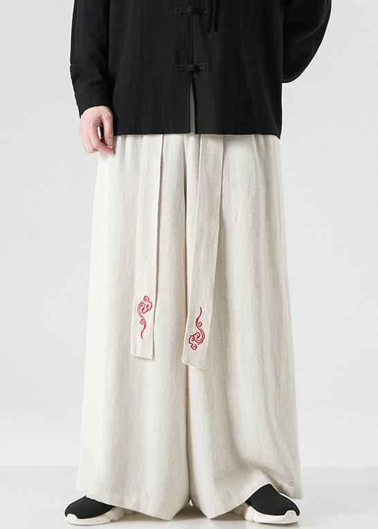 Chinese Style Linen Embroideried High Waist Cotton Men Wide Leg Pants Fall