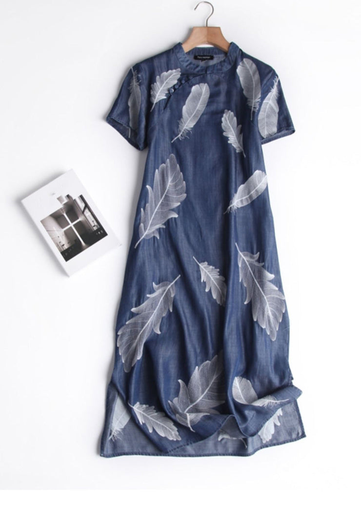 Chinese Style Little Blue Print Side Open Silk Cotton Long Dress Short Sleeve