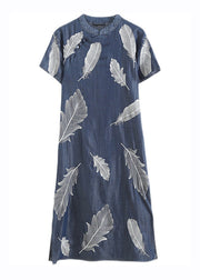 Chinese Style Little Blue Print Side Open Silk Cotton Long Dress Short Sleeve