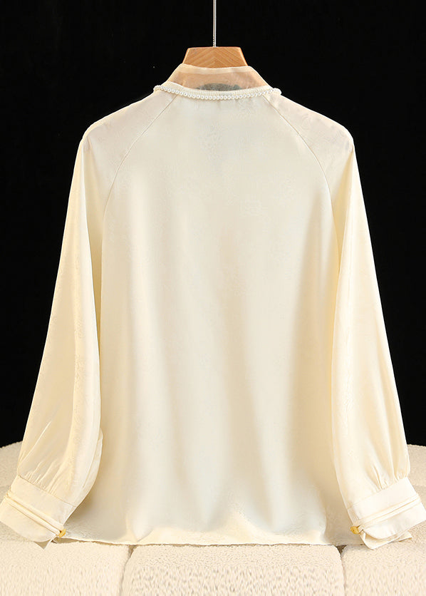 Chinese Style Milk White Draping Silk Blouse Tops Fall