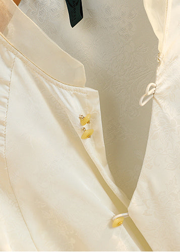 Chinese Style Milk White Draping Silk Blouse Tops Fall