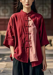 Chinese Style Mulberry Asymmetrical Patchwork Linen Shirt Top Summer