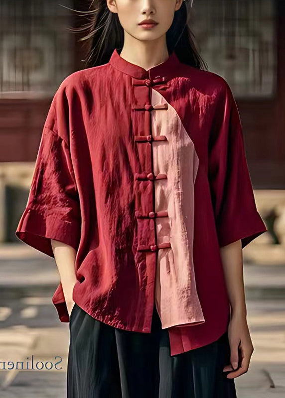 Chinese Style Mulberry Asymmetrical Patchwork Linen Shirt Top Summer