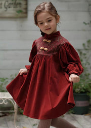 Chinese Style Mulberry Stand Collar Embroideried Corduroy Girls Long Dress Spring