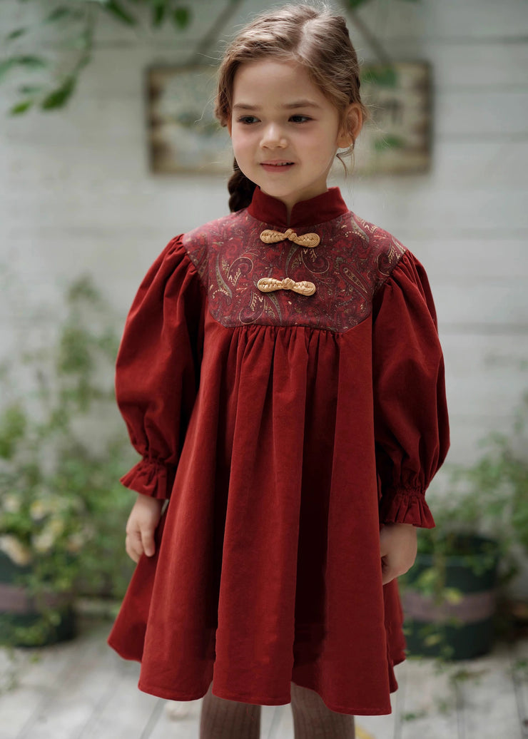 Chinese Style Mulberry Stand Collar Embroideried Corduroy Girls Long Dress Spring