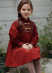 Chinese Style Mulberry Stand Collar Embroideried Corduroy Girls Long Dress Spring