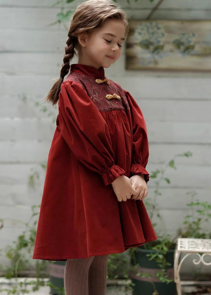 Chinese Style Mulberry Stand Collar Embroideried Corduroy Girls Long Dress Spring