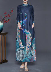 Chinese Style Navy Peacock Print Cotton Maxi Dress Fall