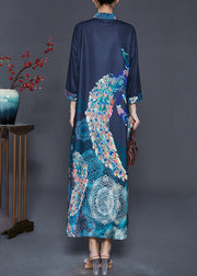 Chinese Style Navy Peacock Print Cotton Maxi Dress Fall