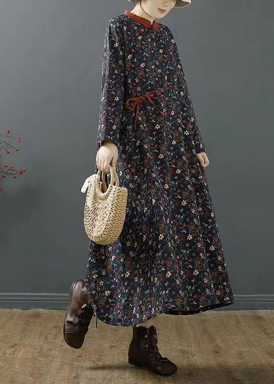 Chinese Style Navy Stand Collar Print Cotton Long Dress Fall