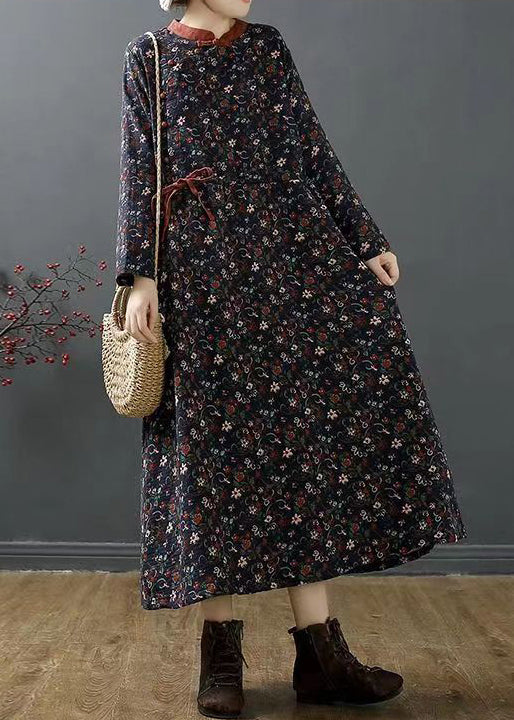 Chinese Style Navy Stand Collar Print Cotton Long Dress Fall