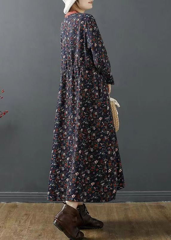 Chinese Style Navy Stand Collar Print Cotton Long Dress Fall