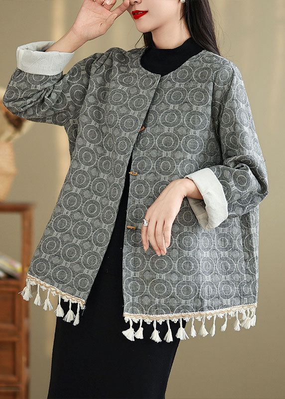 Chinese Style O-Neck Tassel Jacquard Cotton Coat Spring