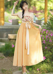 Chinese Style Orange Embroideried Tie Waist Patchwork Chiffon Long Dresses Summer