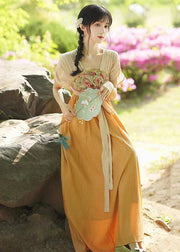 Chinese Style Orange Embroideried Tie Waist Patchwork Chiffon Long Dresses Summer