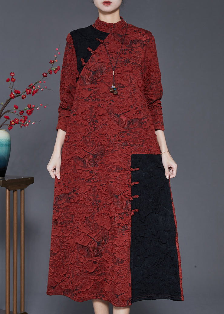Chinese Style Orange Jacquard Patchwork Silk Dress Spring
