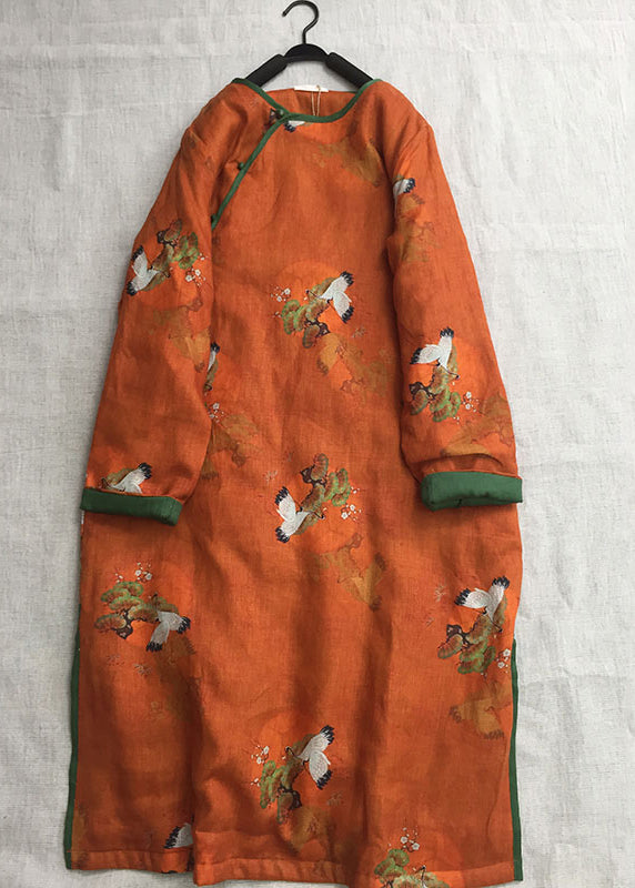 Chinese Style Orange O-Neck Print Fine Cotton Filled Dress Winter