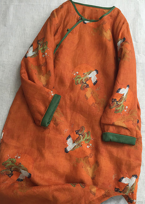 Chinese Style Orange O-Neck Print Fine Cotton Filled Dress Winter