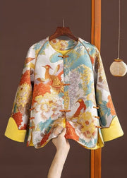 Chinese Style Orange Print Button Silk Coat Spring