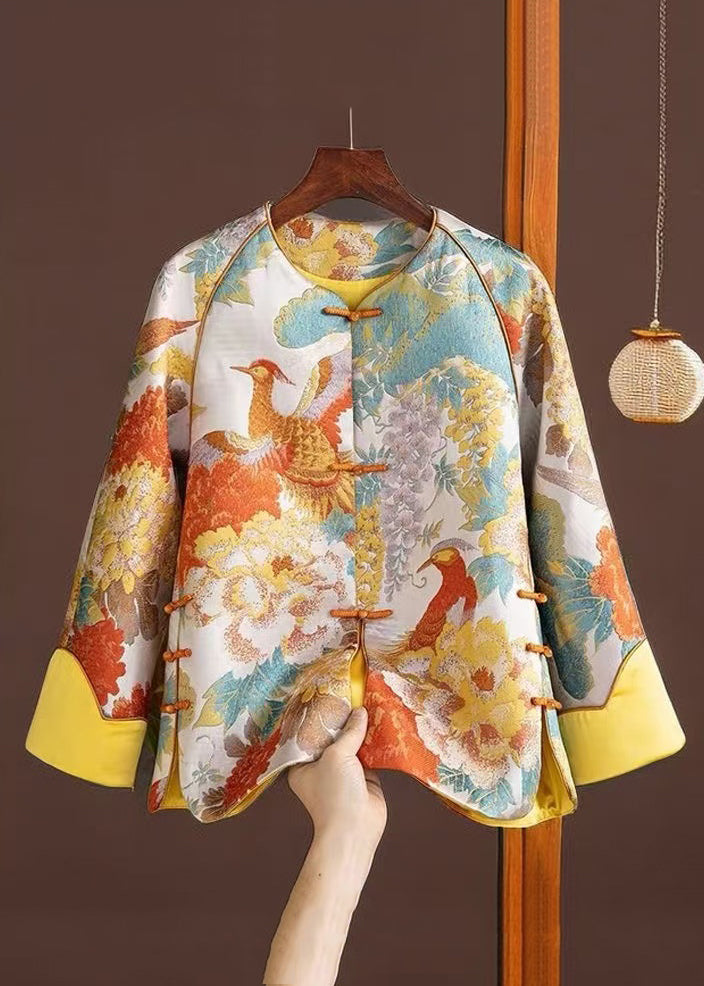 Chinese Style Orange Print Button Silk Coat Spring