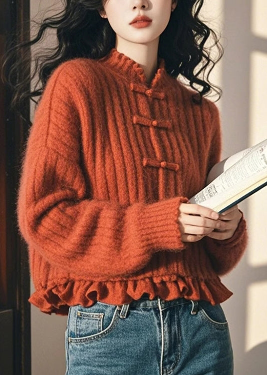 Chinese Style Orange Ruffled Oriental Button Knit Sweaters Spring