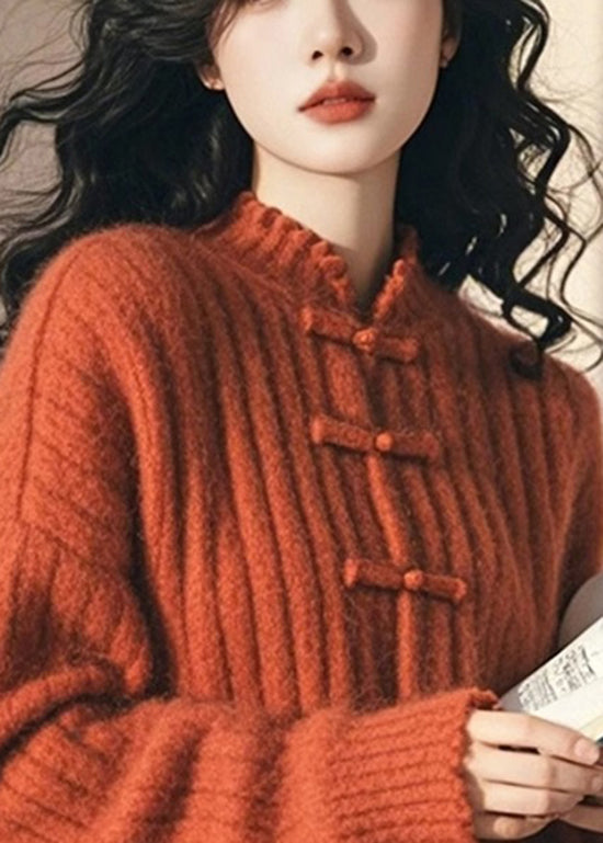 Chinese Style Orange Ruffled Oriental Button Knit Sweaters Spring