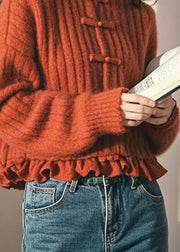 Chinese Style Orange Ruffled Oriental Button Knit Sweaters Spring