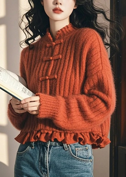 Chinese Style Orange Ruffled Oriental Button Knit Sweaters Spring