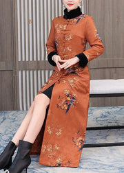 Chinese Style Orange Stand Collar Print Fine Cotton Filled Coats Winter