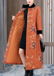 Chinese Style Orange Stand Collar Print Fine Cotton Filled Coats Winter