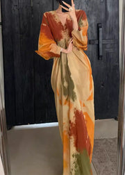 Chinese Style Orange V Neck Tie Dye Maxi Dress Spring