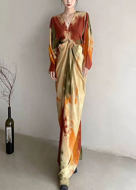 Chinese Style Orange V Neck Tie Dye Maxi Dress Spring