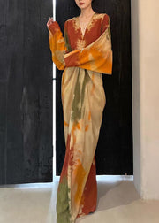 Chinese Style Orange V Neck Tie Dye Maxi Dress Spring