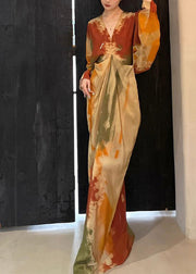 Chinese Style Orange V Neck Tie Dye Maxi Dress Spring