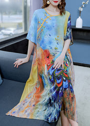 Chinese Style Peacock Blue O Neck Patchwork Chiffon Dress Summer