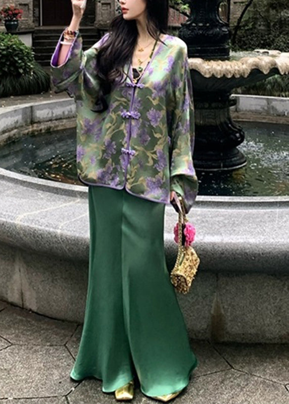 Chinese Style Peacock Blue V Neck Print Silk Shirts And Wide Leg Pants Two Pieces Set Spring