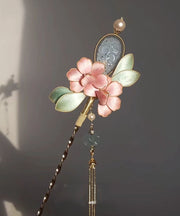 Chinese Style Pink Antique Gold Peony Flower Jade Tassel Hairpin