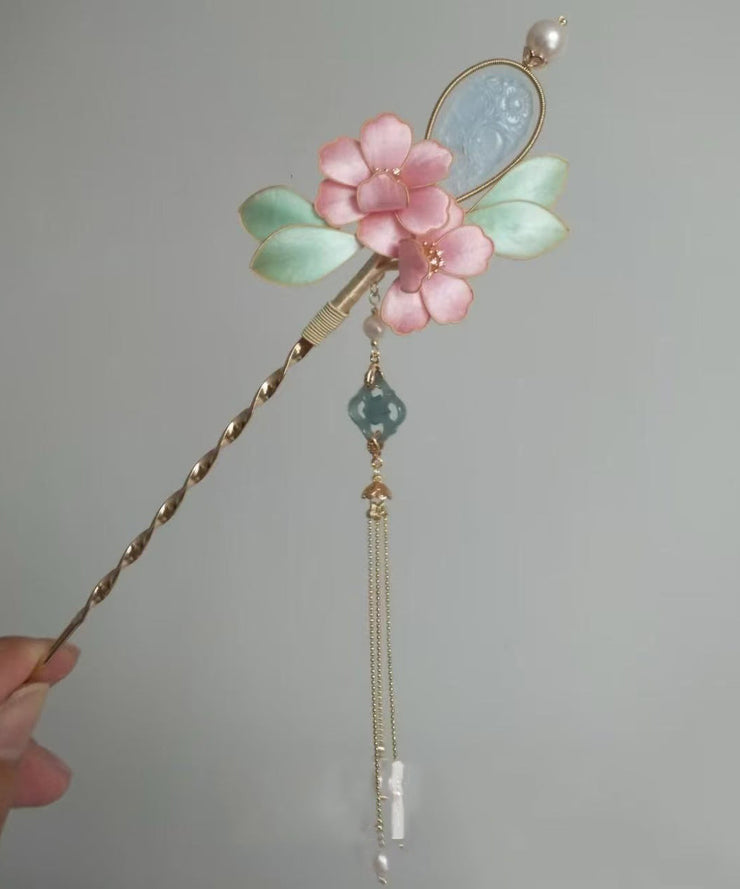 Chinese Style Pink Antique Gold Peony Flower Jade Tassel Hairpin