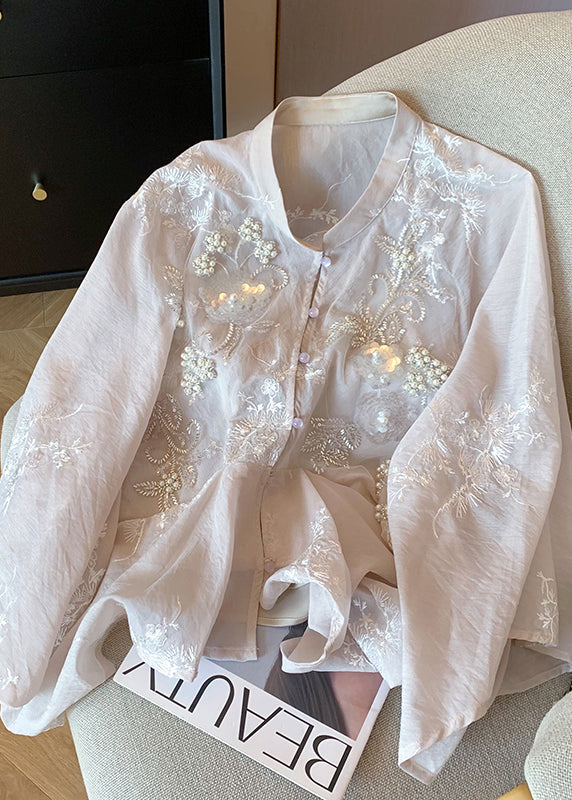 Chinese Style Pink Embroidered Sequins Nail Bead Cotton Shirt Spring