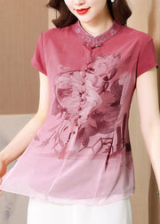 Chinese Style Pink Embroidered Button Patchwork Silk Shirt Tops Summer