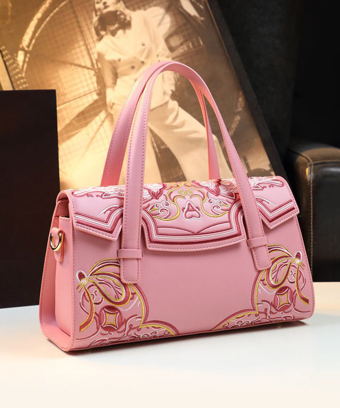 Chinese Style Pink Embroideried Calf Leather Tote Handbag